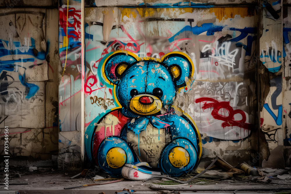 Teddy bear graffiti on a wall in street art style. Wall covered in vibrant graffiti art