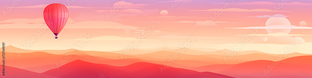 Colorful hot air balloon flying early in the morning over the mountain. Scenic sunrise or sunset view. Spring or summer landscape. Travel and vacation concept