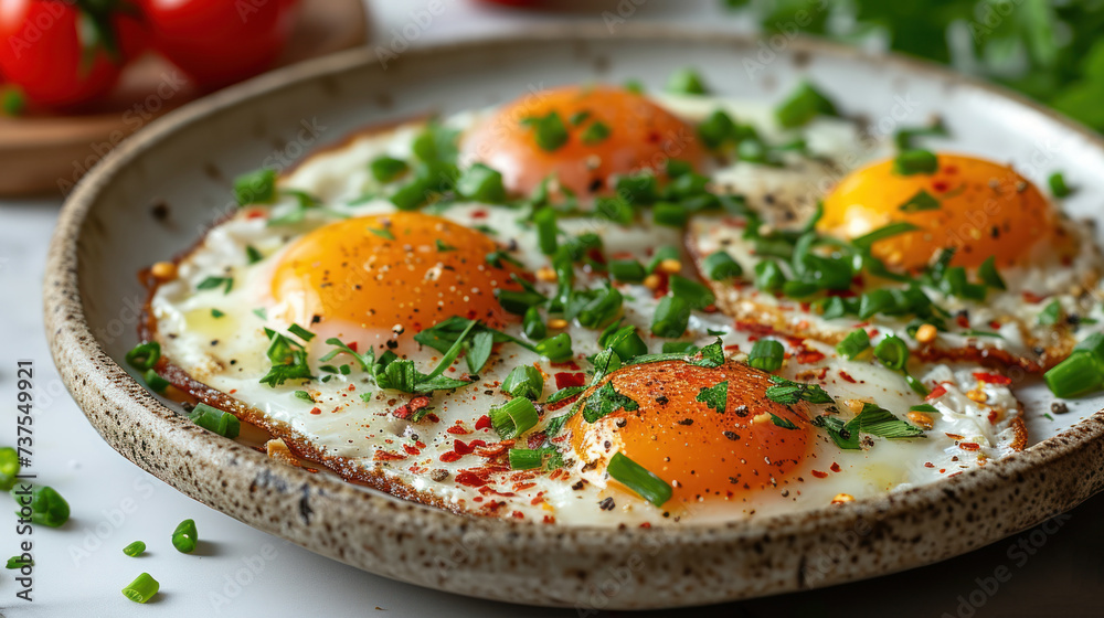 a close up of a plate of food with eggs and green onions on a table with tomatoes in the background.