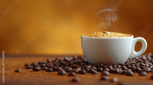 a cup of coffee with steam rising out of it sitting on a pile of coffee beans on a wooden table.