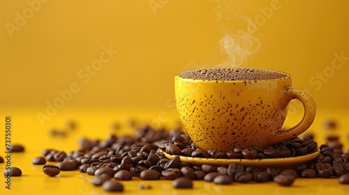 a cup of coffee with steam rising out of it on a yellow saucer surrounded by coffee beans on a yellow surface.