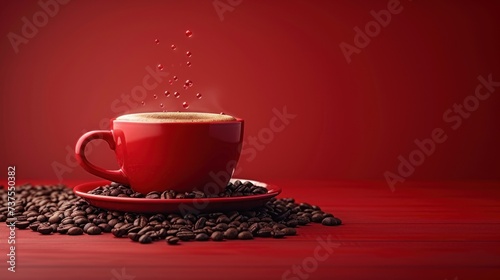 a cup of coffee on a saucer surrounded by coffee beans on a red background with a splash of water.