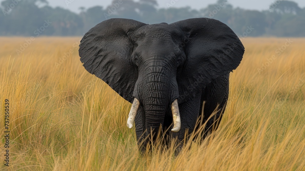 an elephant with tusks standing in a field of tall grass with trees in the distance in the background. an elephant with tusks standing in a field of tall grass with trees in the distance in the background.