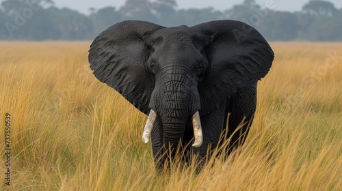 an elephant with tusks standing in a field of tall grass with trees in the distance in the background. © Shanti