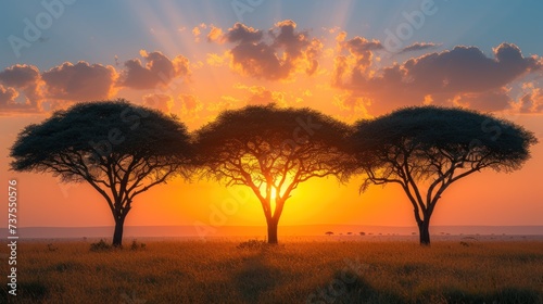 a couple of trees standing in the middle of a field with the sun setting in the middle of the sky.
