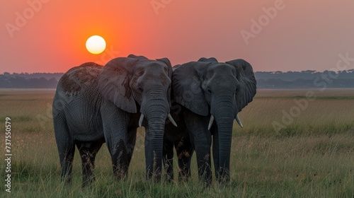 a couple of elephants standing next to each other on a lush green field with the sun setting in the background.