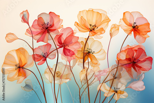 An illustration of poppies in orange and red flowers on a blue and white background. Used for floral and summery themes. © Silga
