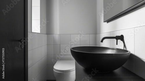 Minimalist Black and White Bathroom with Simple Toilet and Sink