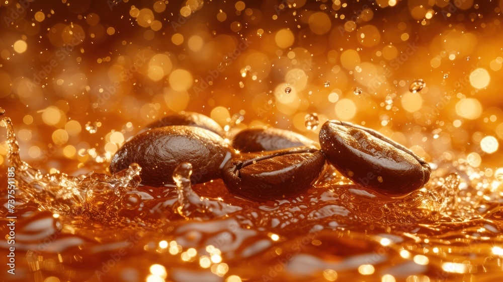 a couple of coffee beans sitting on top of a puddle of water on top of a brown surface covered in drops of water. a couple of coffee beans sitting on top of a puddle of water on top of a brown surface covered in drops of water.