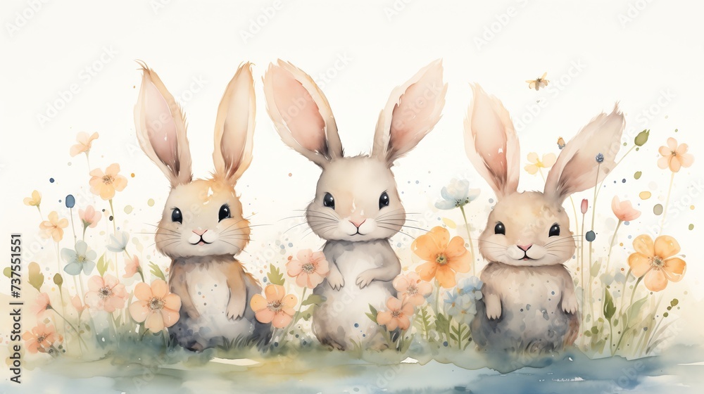 Obraz premium Cute bunny family in an Easter meadow watercolor
