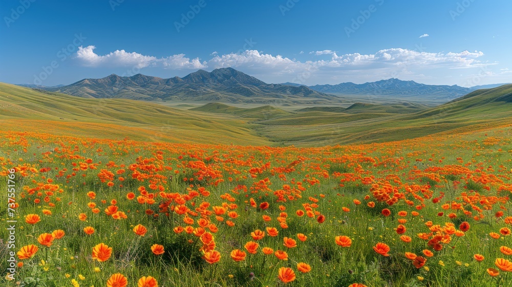 a field of orange flowers in front of a mountain range with a blue sky and white clouds in the background.