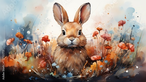 Easter Bunny meadow watercolor artwork
