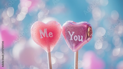 Cotton candy pink lollipops in the shape of a heart with the inscription me and you