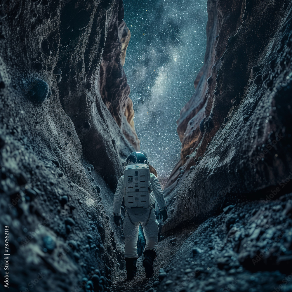 Astronaut Exploring Rocky Terrain Under Starry Sky - obrazy, fototapety, plakaty 