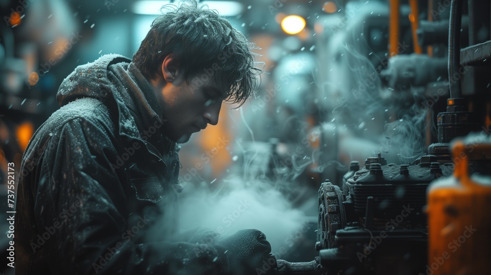 A man works on a smoky machine in a factory during the midnight shift A man works on a smoky machine in a factory during the midnight shift