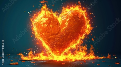 a heart shaped object is on fire on a blue background with lots of small pieces of glass on the floor.
