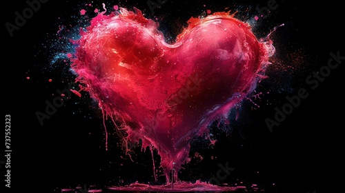 a red heart shaped object with paint splattered on it s sides and a black background behind it.