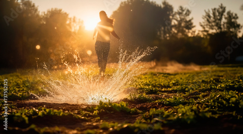 Athlete running through water on a trail at dusk, creating a dynamic, refreshing spray. Wide angle with backlighting highlights the action-packed moment.