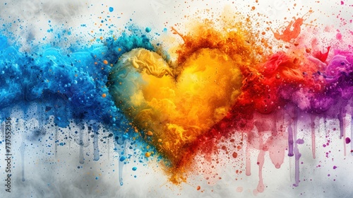 a multicolored heart is in the middle of a cloud of paint splattered on a white background.