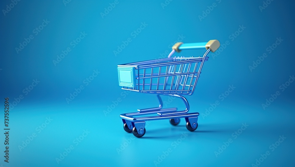 Shopping cart icon on blue background. 3d rendering e-commerce.