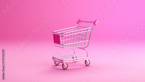 Shopping cart on pink background. E-commerce concept. Minimal style.