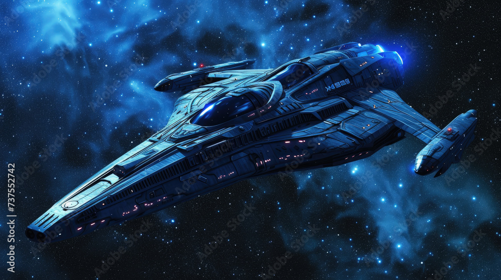 Futuristic spaceship in deep space, alien starship flying on nebula galaxy background. Interstellar ship in dark. Concept of spacecraft, technology, science, sci-fi and fantasy. Futuristic spaceship in deep space, alien starship flying on nebula galaxy background. Interstellar ship in dark. Concept of spacecraft, technology, science, sci-fi and fantasy.