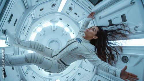 Woman astronaut floats inside spaceship, young female person in zero gravity in corridor of spacecraft or space station. Concept of people in ship interior, sci-fi movie, weightlessness photo