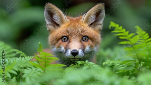 a close up of a fox's face in a field of green plants and plants with a blurry background.
