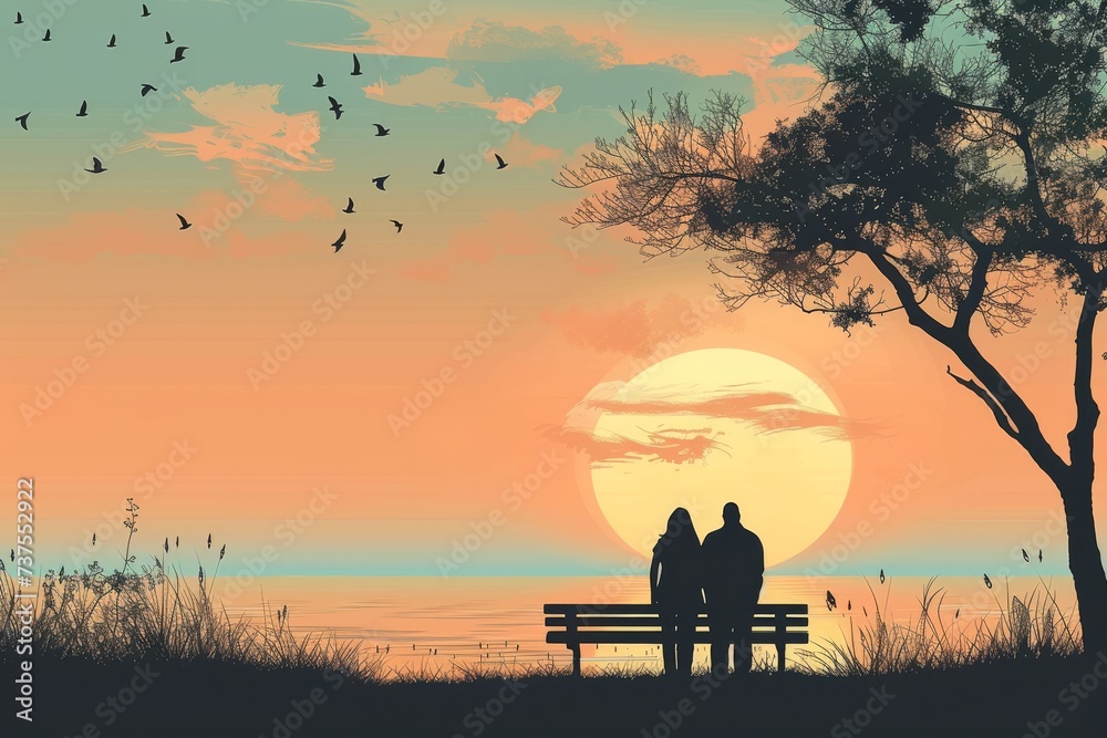 As the sun sets over the tranquil lake, a couple sits on a park bench, their silhouettes blending into the surrounding nature, while birds fly overhead against the vibrant sky As the sun sets over the tranquil lake, a couple sits on a park bench, their silhouettes blending into the surrounding nature, while birds fly overhead against the vibrant sky