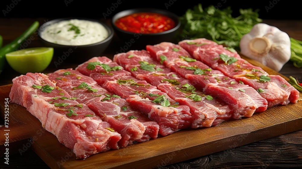 a large piece of raw meat on a cutting board next to a bowl of sauces and a pepper shaker.