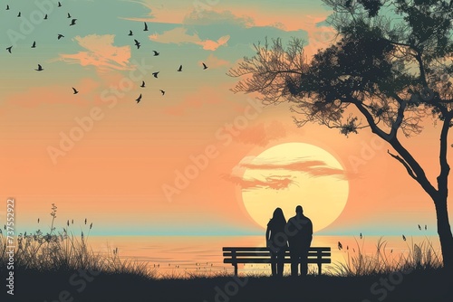 As the sun sets over the tranquil lake, a couple sits on a park bench, their silhouettes blending into the surrounding nature, while birds fly overhead against the vibrant sky