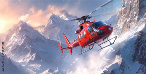 a red helicopter flying through the air over a snow covered mountain covered mountain range in the background is a mountain range covered in snow. photo