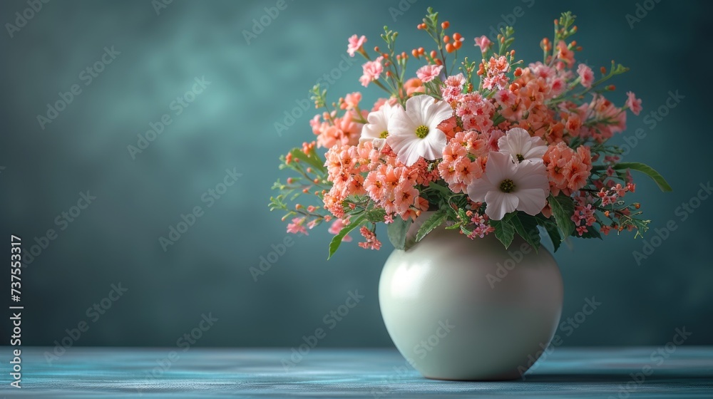 a white vase filled with pink and white flowers on top of a blue table next to a teal wall.