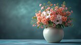 a white vase filled with pink and white flowers on top of a blue table next to a teal wall.