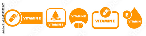 Vitamin E vector labels isolated on white. Vitamin stickers set.