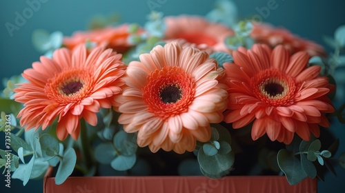 a close up of a bunch of flowers in a red vase with green leaves on the side of the vase.