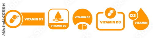 Vitamin D 3 vector labels isolated on white. Vitamin stickers set.