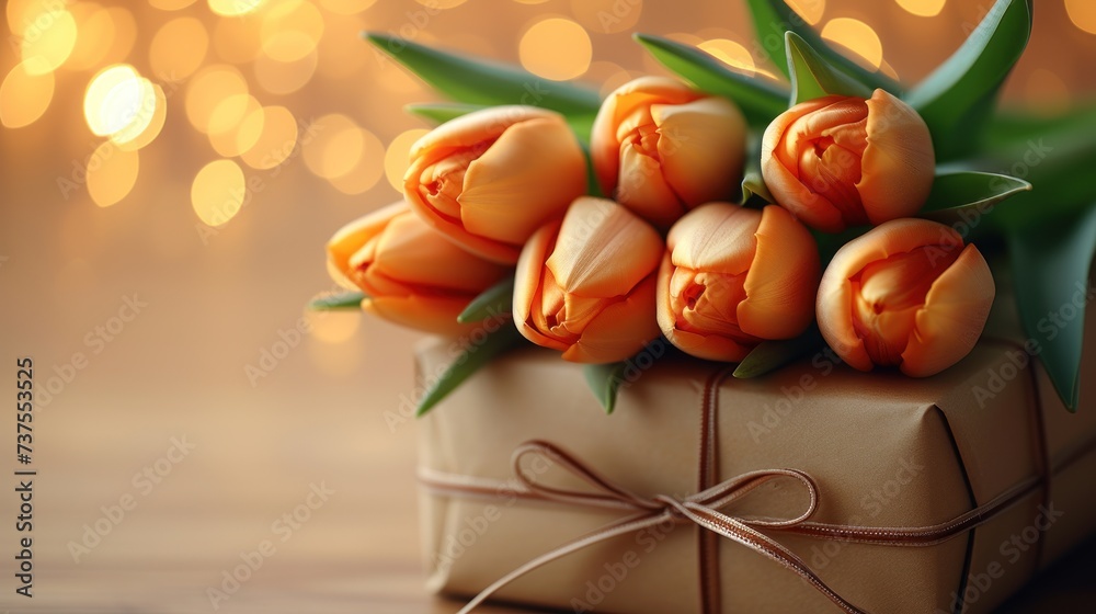 a gift wrapped in brown paper with a bunch of orange tulips tied up on the top of it. a gift wrapped in brown paper with a bunch of orange tulips tied up on the top of it.