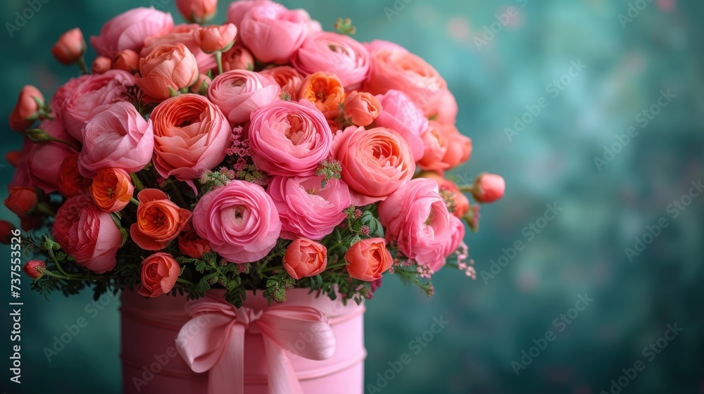 a bouquet of pink and orange roses in a pink vase with a pink ribbon on a green wall behind it.