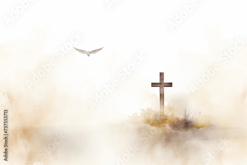 Christian Cross and Dove of Peace Watercolor Illustration
