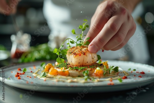 Fototapeta Naklejka Na Ścianę i Meble -  Chef's hand decorated haute cuisine dish