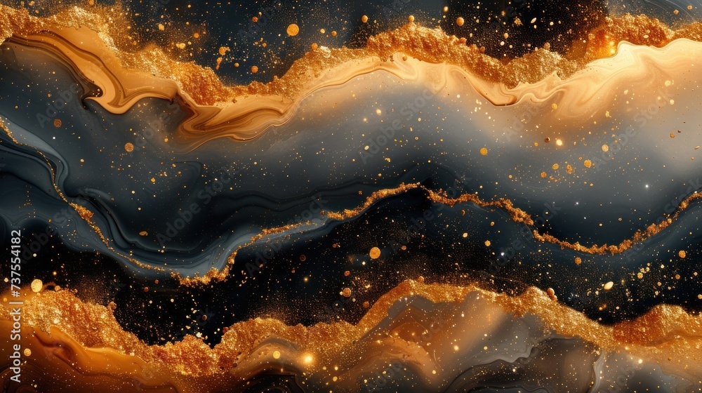 a painting of a gold and blue wave with gold flecks on it's sides and a black background with gold flecks on it's edges. a painting of a gold and blue wave with gold flecks on it's sides and a black background with gold flecks on it's edges.