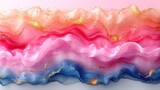 a painting of pink, blue, and gold waves with gold flecks on a pink and blue background.
