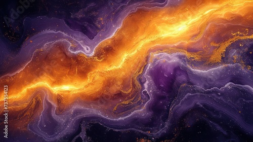 an abstract painting of orange and purple swirls on a black background with gold and purple highlights on the edges of the image.