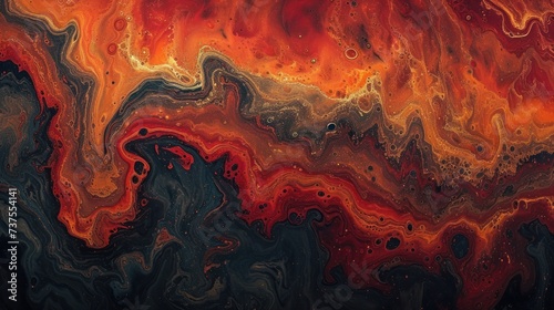 an abstract painting of orange, red, and black swirls and drops of water on a black and red background.