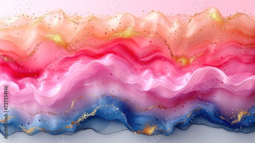 a painting of pink, blue, and gold waves with gold flecks on a pink and blue background.