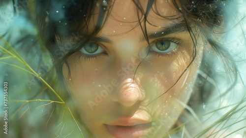 a close up of a woman's face with water on her face and grass in front of her face.