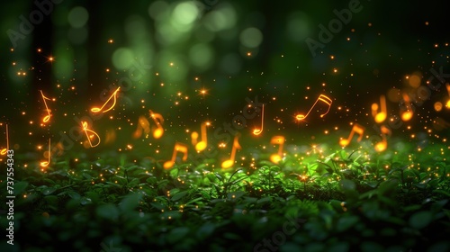 a group of musical notes floating in the air over a lush green field with leaves and grass in the foreground.