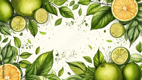a group of lemons and limes with leaves on a white background with a place for an inscription in the center. © Shanti