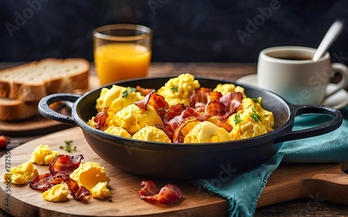 Scrambled eggs in a skillet with slices of fried bacon, a healthy traditional breakfast. photo